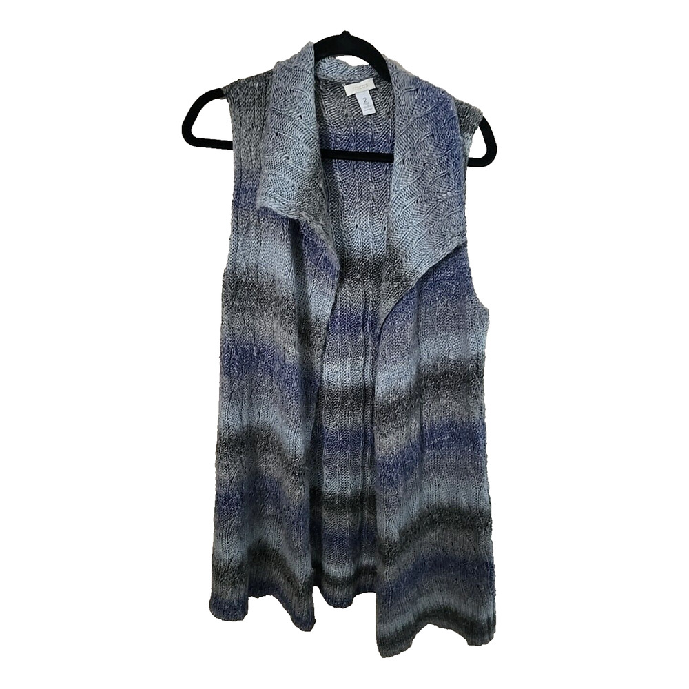 Chico's Blue Striped Open Front Knit Sleeveless Long Sweater Vest Womans Size LG